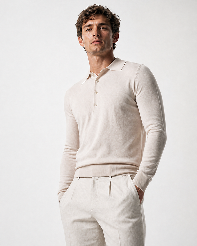 IOS KNITTED POLO longsleeve - BEIGE MEL.